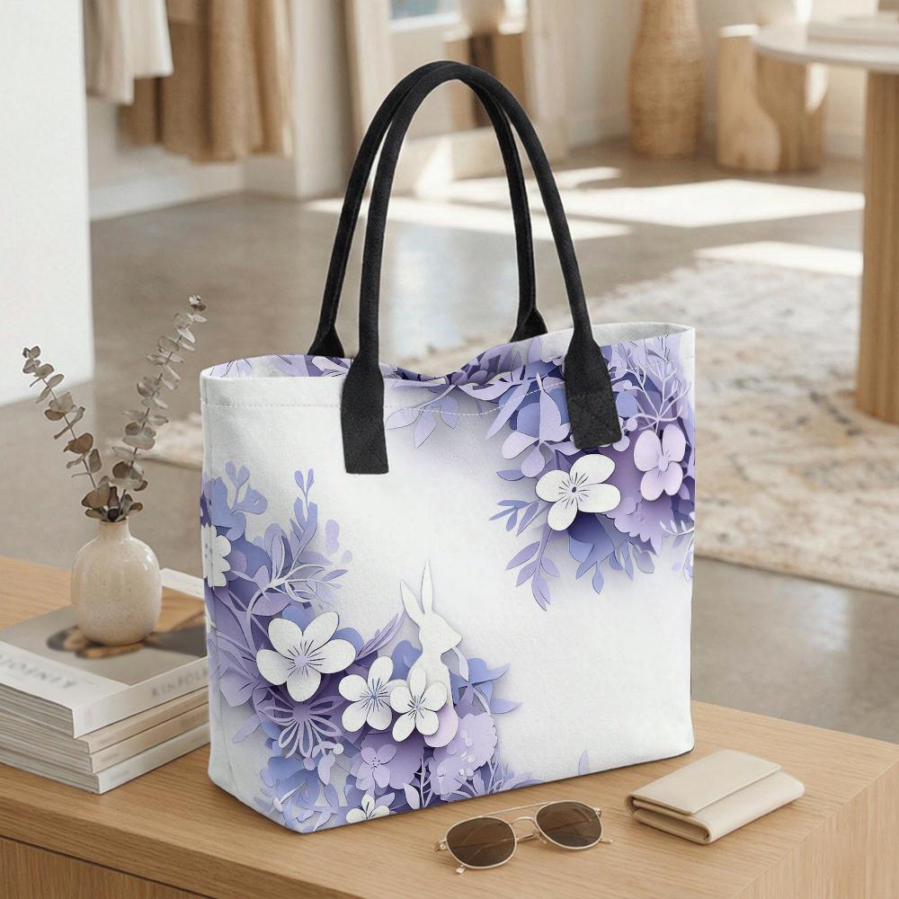  Purple Floral Rabbit Canvas Tote Bag Fashion Large Capacity Casual Handbag for Women