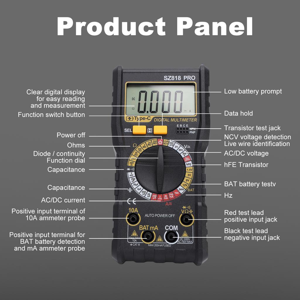 Digital-Multimeter, 1999 Zählwerte, AC/DC-Spannungstester mit LCD-Hintergrundbeleuchtung, Data-Hold, Automatische Abschaltung, HFE-Transistor
