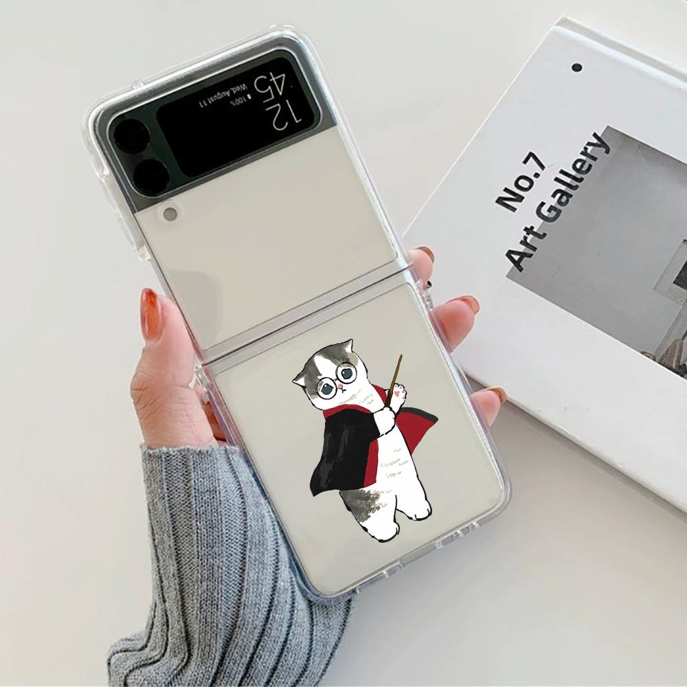 Cute Cartoon Cat Couple Phone Case For Samsung Galaxy Z Flip 6 ZFlip 5 Hard Transparent Cover for Samsung ZFlip 4 ZFlip3 ZFlip7
