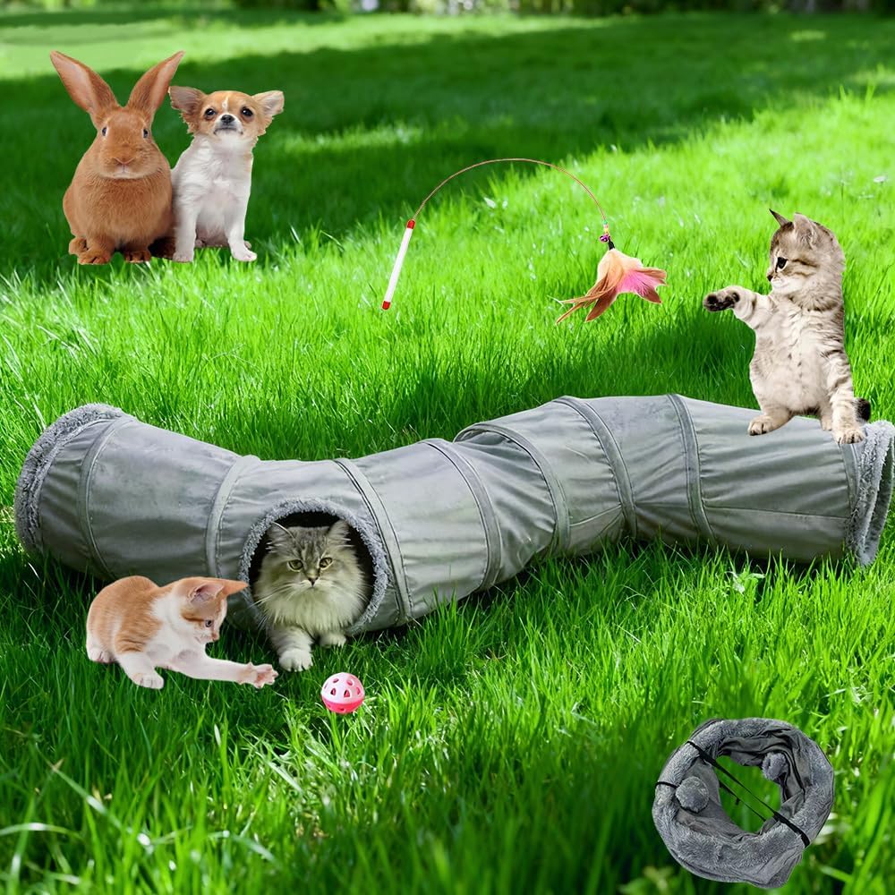 Cat Tunnel Tube Toy Kit Collapsible 2 Way Grey Plush, Pet Tunnels for Indoor Cats, Long Tubes for Puppy, Kitty, Kitten, Rabbit for Playtime &