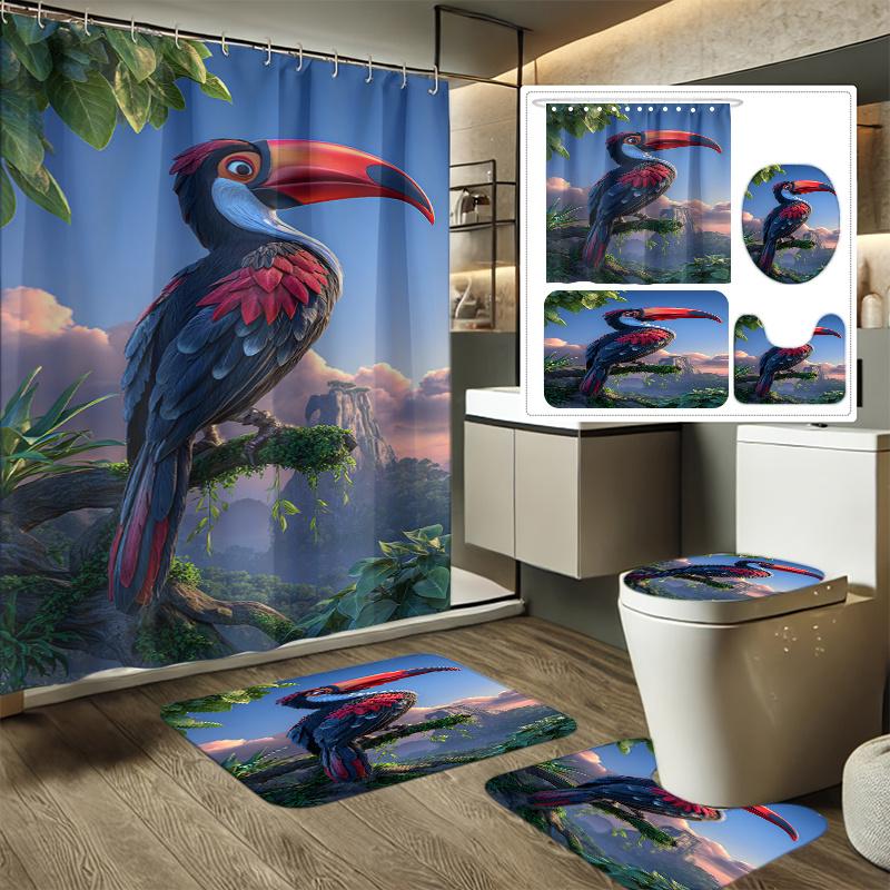 

4pcs Jungle King Peek Print Shower Curtain Set, Bathroom Decor Kit Includes Shower Liner, Non-Slip Mat, Toilet Cover, Rug 90x180cm