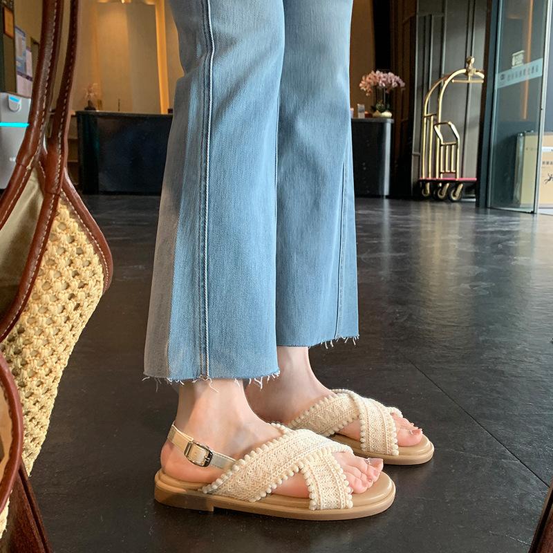 Grape mother bright color system two versions~ lazy holiday wind cross knitting ins open toe wearing cool slippers women