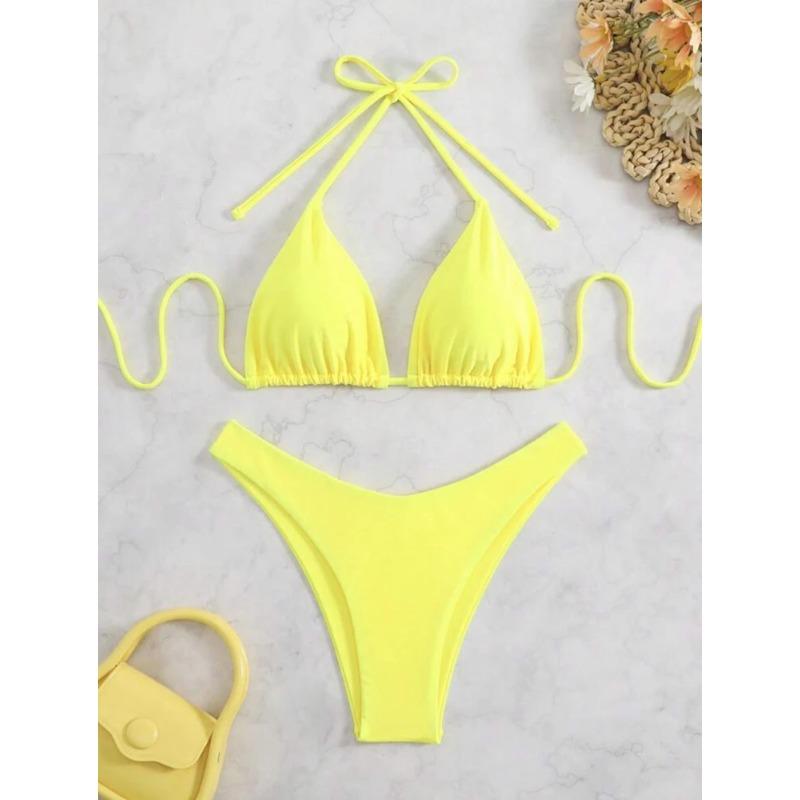 

New Halter Bikini Women Solid Color Two-Piece Set Sexy Split Swimsuit Yellow Red Black Coffee White Pink Lace Up Bathing Suit XL жовтий