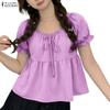 ZANZEA Damen Casual Rundhals Lose Sommer Kurzarm Bluse