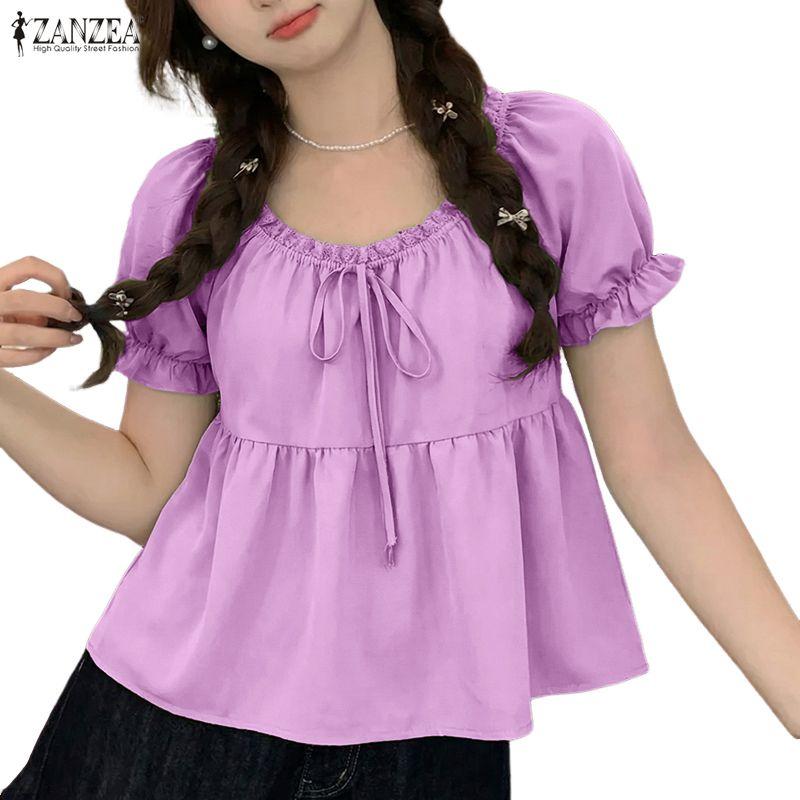 ZANZEA Damen Casual Rundhals Lose Sommer Kurzarm Bluse