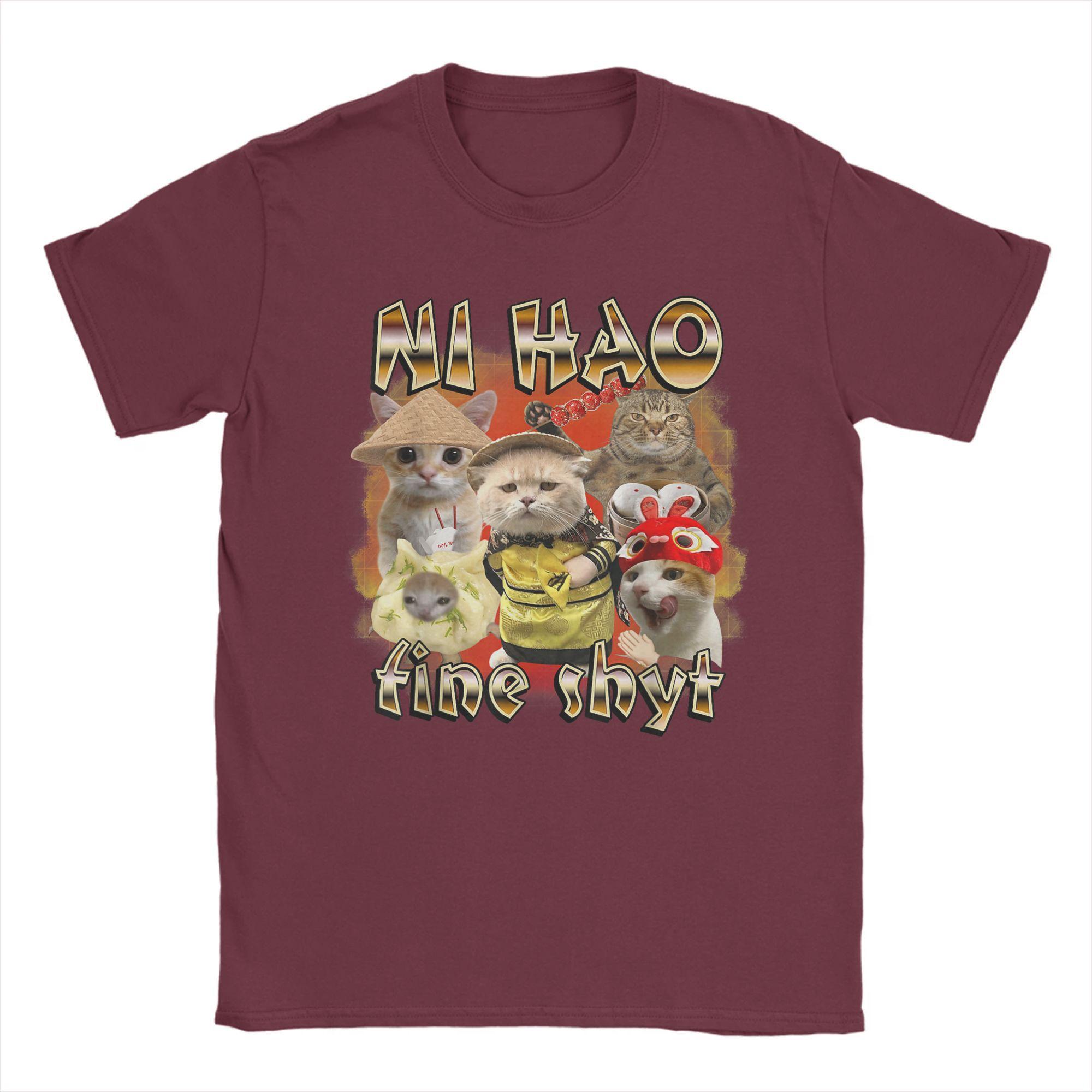 Мужская футболка Ni Hao Fine Shyt Funny Brainrot Meme Funny 100% Cotton Tee Shirt Short Sleeve Cute Cat T Shirts Clothing Graphic S коричневый