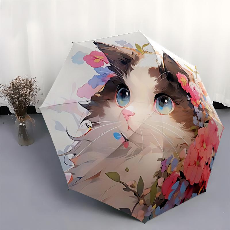 1pc Artistic Appealing Cat & Flowers Fully Automatic Folding Portable Umbrella, 8 Iron Frames, Three-Fold Design, Suitable for All Seasons,