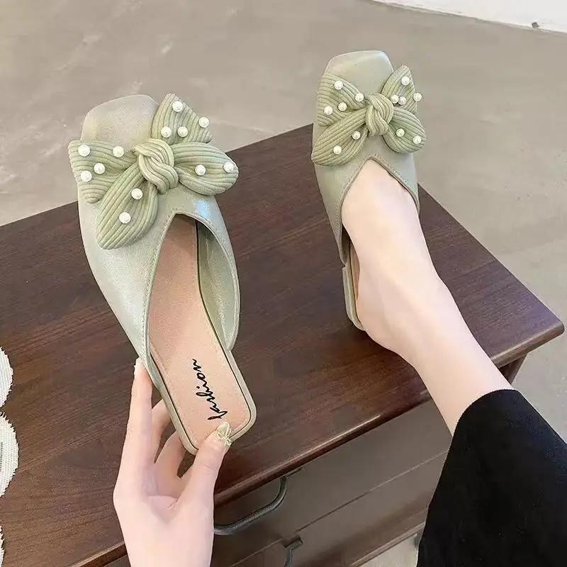 Fashion Low Heel Indoor Leather Women's Slippers and Ladies Sandals Outside Shoes Soft Job Slides Pearl Mules Natural Skin Footwear Pvc