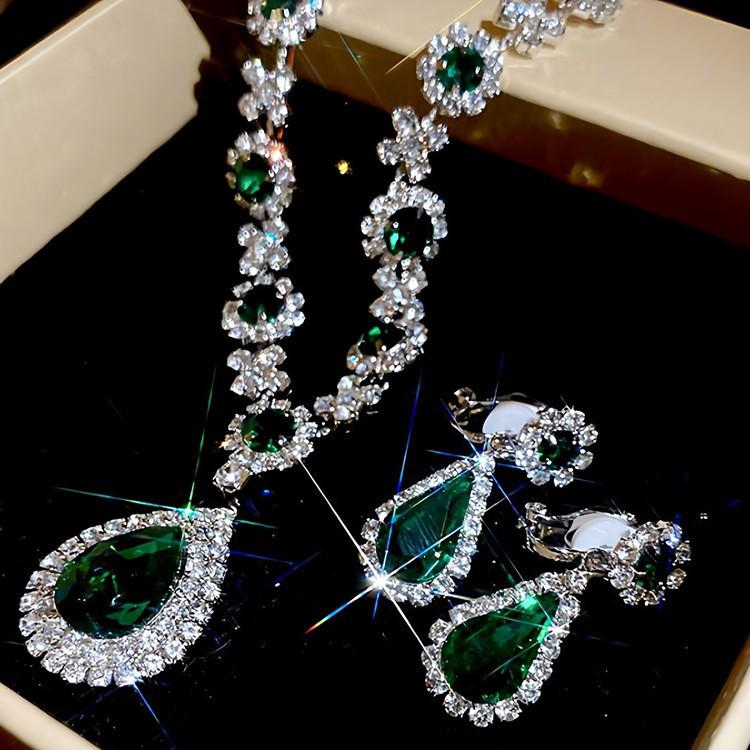 Rhinestone Geometric Flower Necklace & Earring Set with Water Drop Design