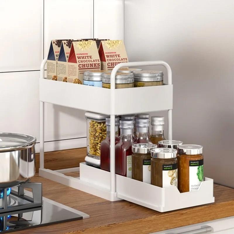 Kitchen Desktop Storage Rack Simple Double-deck Pull Out Type Storage Rack Save Space Household High-capacity Cabinet Organizer