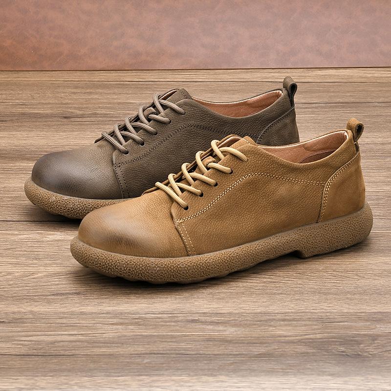 Top Layer Cowhide Thick Soled Men's Shoes New Spring Retro Flat Bottom Casual Lace Up Versatile Anti Slip Breathable Soft Sole Summer Version