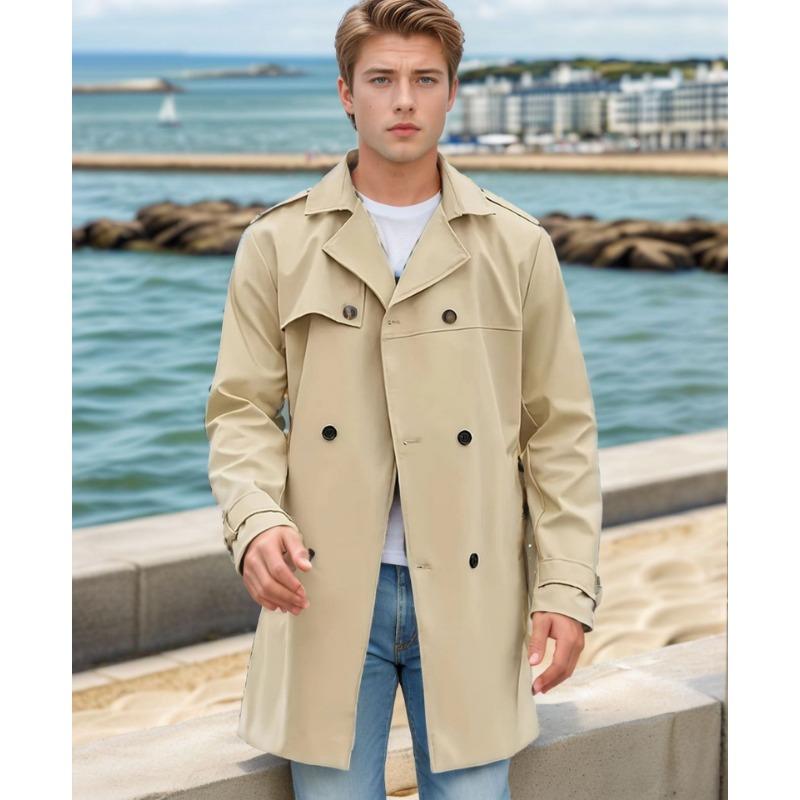 

Весенне-осенний однотонный европейский и американский тренчкот с длинными рукавами, мужская приталенная двубортная повседневная куртка с лацканами XS хаки