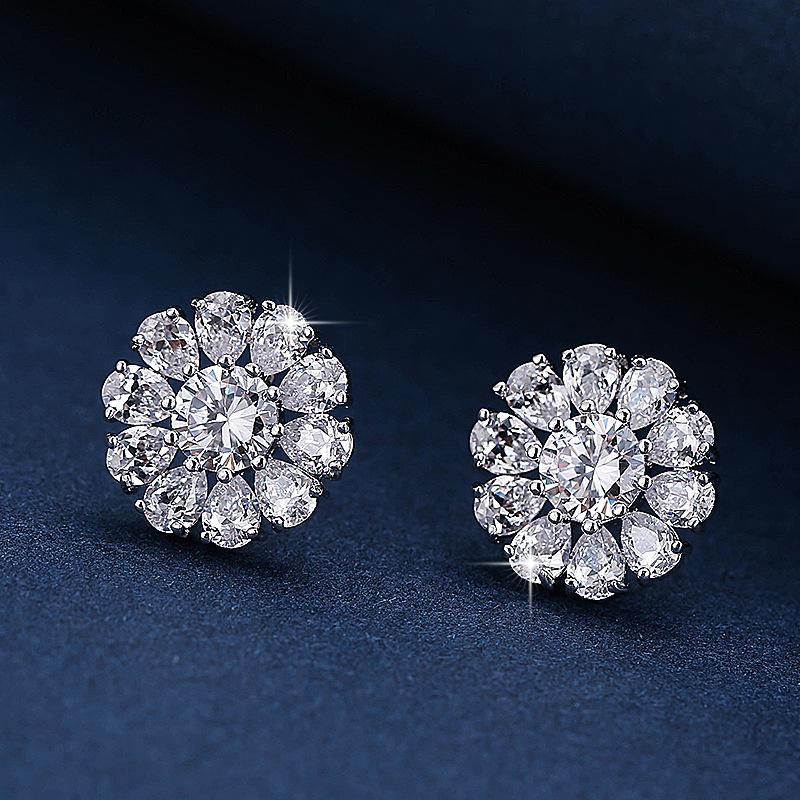 Elegant Rhinestone Geometric Flower Stud Earrings in Micro-Paved Copper