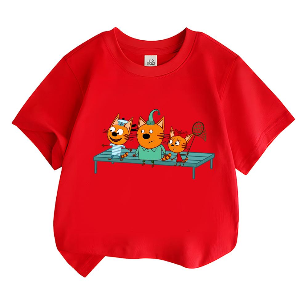 

Kid-e-cats Cartoon 100%Cotton T-shirts Funny Cat Family Comfortable Tee-shirt Kawaii Children Short Sleeve Breathable Tshirts Anime T-shirt summer Top 100 красный