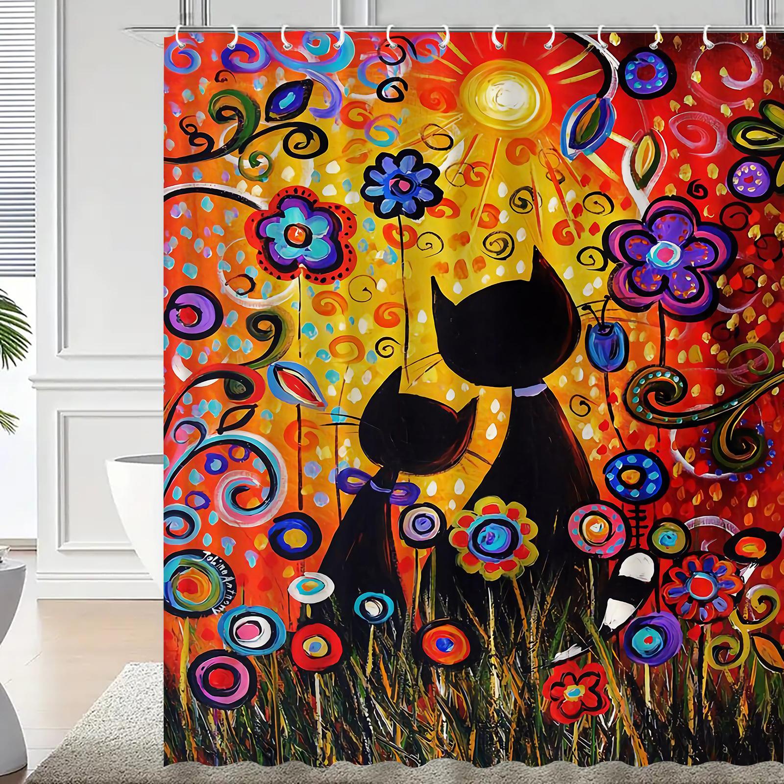 

Яркая водонепроницаемая шторка для душа с защитой от плесени «Кошка и цветы» - Красочный художественный дизайн для игривого декора ванной комнаты W90XH180cm