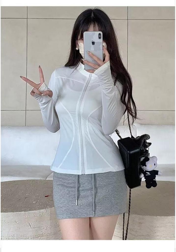 Women's Slim Fit Long Sleeve Sun Protection Running Jacket - White Stand Collar Fitness Outerwear