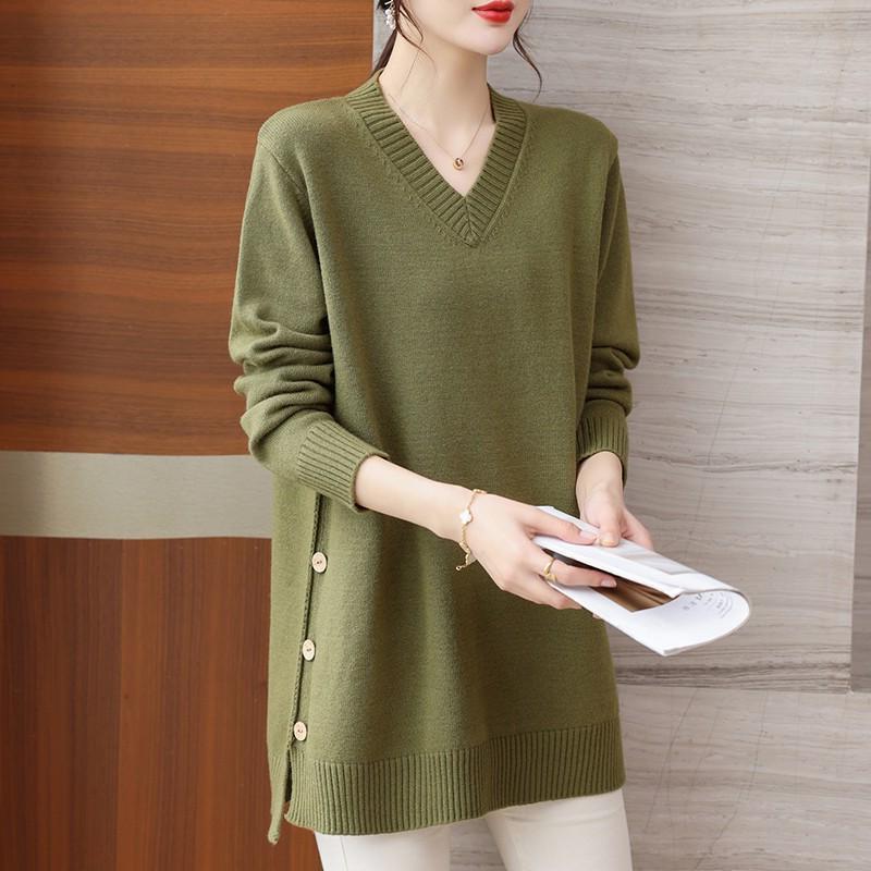 

Большие размеры Осенняя и зимняя одежда Свободный свитер с длинными рукавами Женский топ средней длины с V-образным вырезом и однотонным узором S зелёный