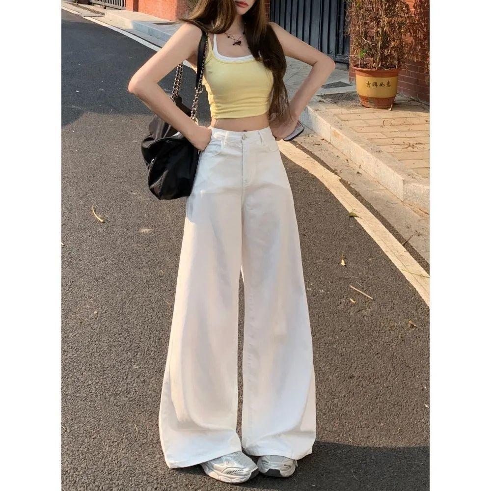Women's High Waist White Wide Leg Jeans Loose Straight Denim Trousers Elegant Commuter Drapey Floor Length Pants