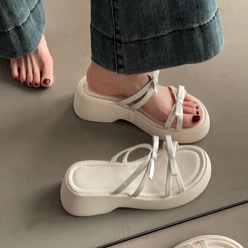 Bow thick bottom heightening women's cool slippers summer new wear heightening fairy style versatile flip-flops female tide