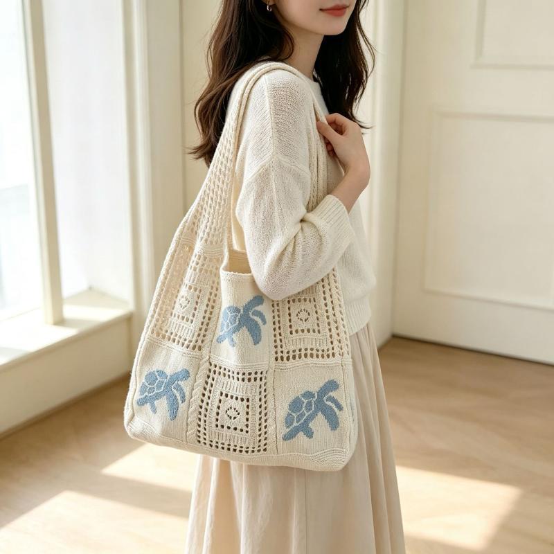 Crochet Beach Tote Bag Hollow Out Ocean Pattern Breathable Reusable Shoulder Bag for Vacation Shopping Daily Commute