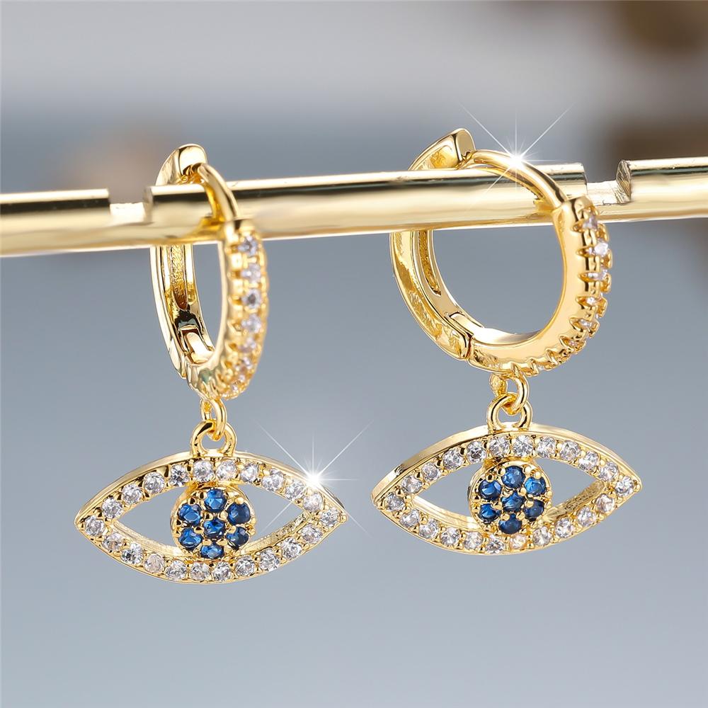 Trendy Crystal White Zircon Blue Eyes Hoop Earrings For Women Vintage Gold Color Wedding