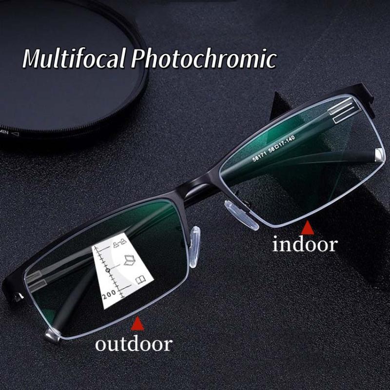 Gents Business Half Frames Age-Related Vision Loss Glasses Light Sensitive Color Changing Reading Eyewear Anti Blue Far Sight Goggle To +4.0