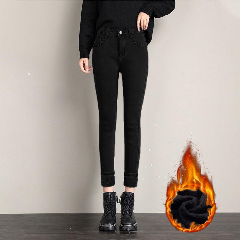 Женские узкие плюшевые джинсы с высокой талией — плотные, эластичные, облегающие брюки-карандаш для зимы