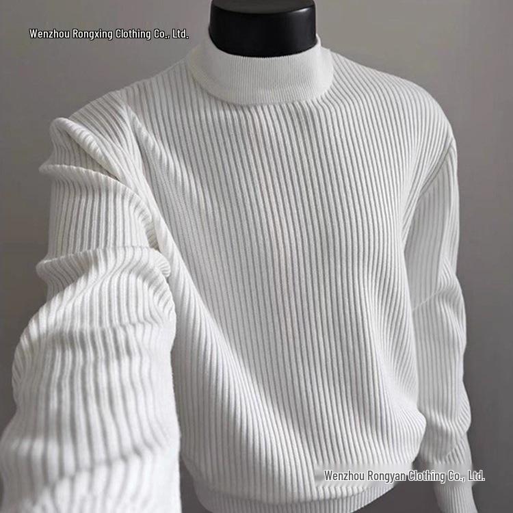 Herren Weißer Gerippter Rollkragenpullover - Herbst/Winter Lazy Style, Gestrickt, Gerade Schulter, Hohe Dehnbarkeit