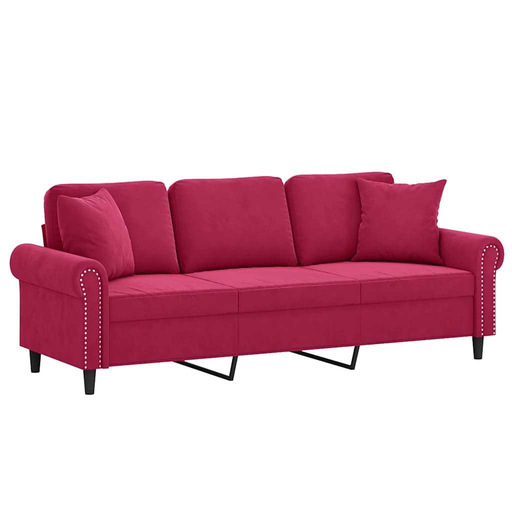 Vidaxl 3-Osobowa Sofa Z Poduszkami, Winna Czerwień, 180 Cm, Aksamit