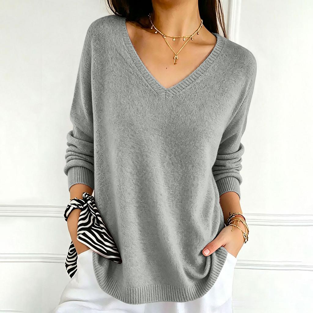 Women's Color V-Neck Long Sleeve Knit Sweater Casual Basic Lightweight Top for Daily Wear