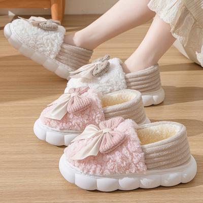 Cotton Slippers Bag Heel Bow Winter Indoor Home Women's Warm and Velvet Household Wool Cotton Shoes Women Wear Outside Winter