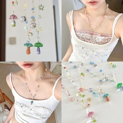 Mushroom Flower Water Drop Pendant Necklace Fun Design Handmade Beaded Collarbone Chain Sweet Cute Necklace