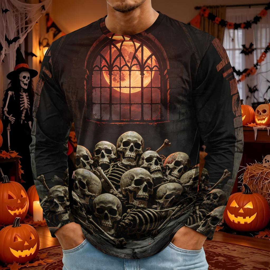 Men's Halloween Printed Neck Long Sleeve Shirt