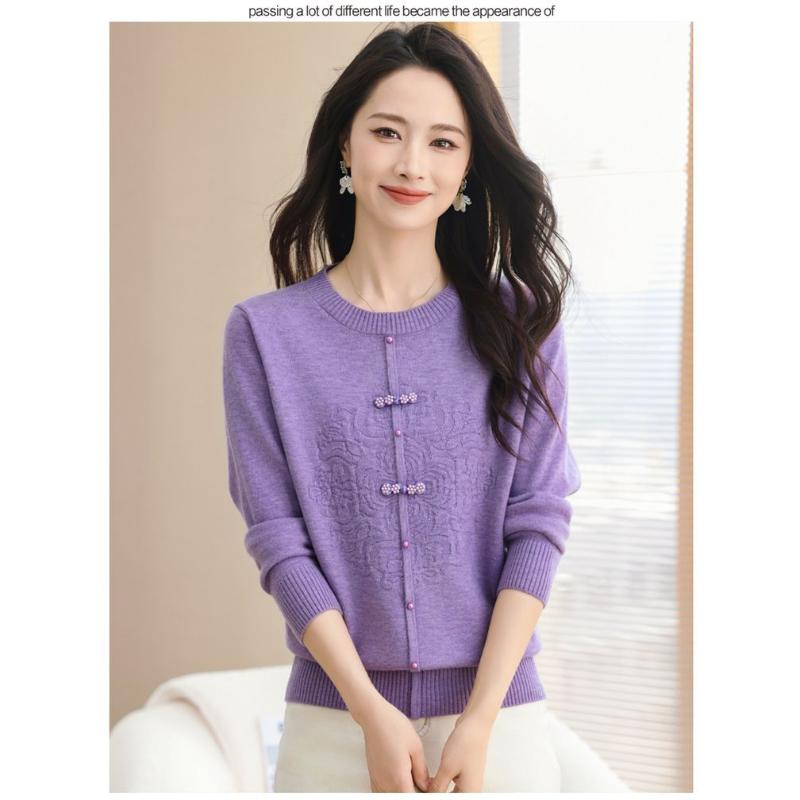 Autumn Women's New Spliced Round Neck Button Fashion Solid Color Chinese Style Knitted Long Sleeve Top