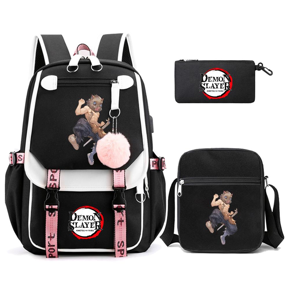 3 Stück/Set Anime Cartoon Demon Slayer Aufdruck Rucksack mit Umhängetasche für Teenager Schüler Große Kapazität Wasserdicht Schultasche Mochila