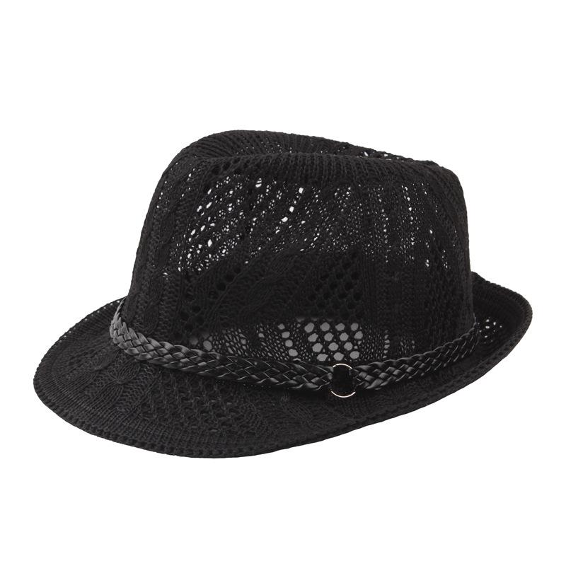 Summer Women's Knitted Mesh Breathable Curled Jazz Hat Leather Belt Panama Hat