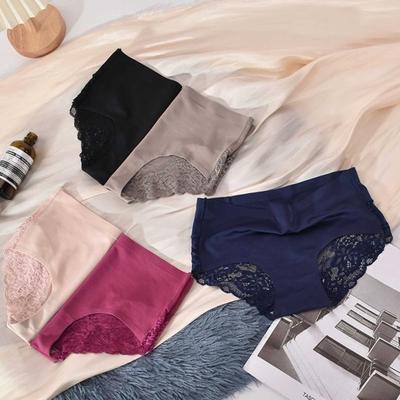 Lady Underpants Mid Waist Lace Trim Butt-covered Seamless Solid Color Elastic Panties