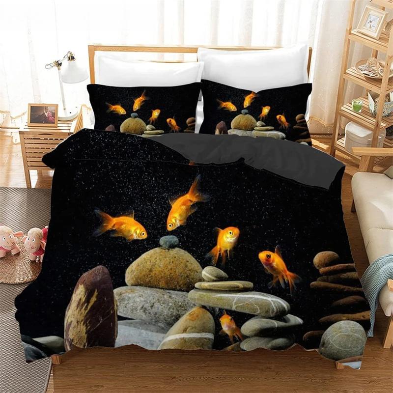 Goldfish Duvet Cover King/Queen Size Golden Red 3D Animal Bedding Set for Kid Teen Adult,Fish Themed Quilt Cover with Pillowcase