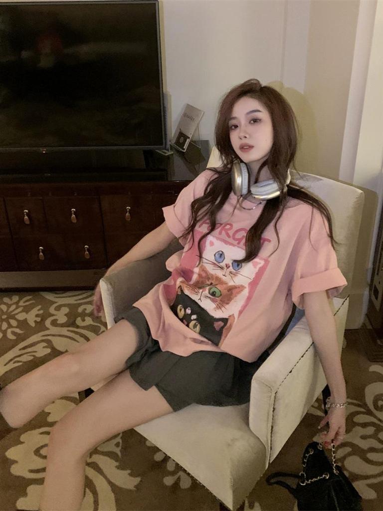 Plus Size Sweet Pink Cat Short Sleeve T-Shirt for Women - Summer Mid-Length, Slimming, Loose Fit