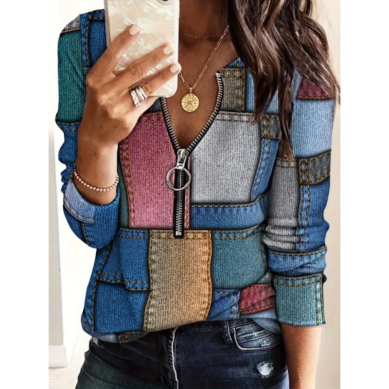 Spring and Autumn Fashion V-neck Long Sleeved Pullover, Retro Women s Geometric Printed Zipper T-shirt Top S