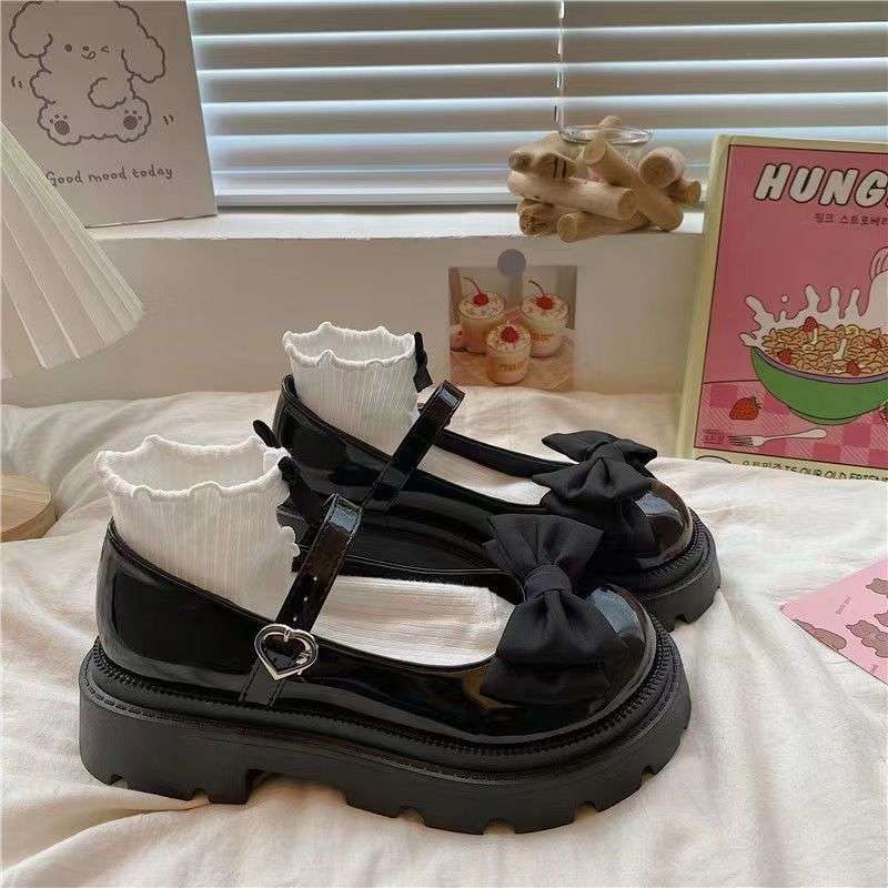 Bow Mary Jane small leather shoes female cute round head platform big head shoes college style versatile Japanese jk shoes tide