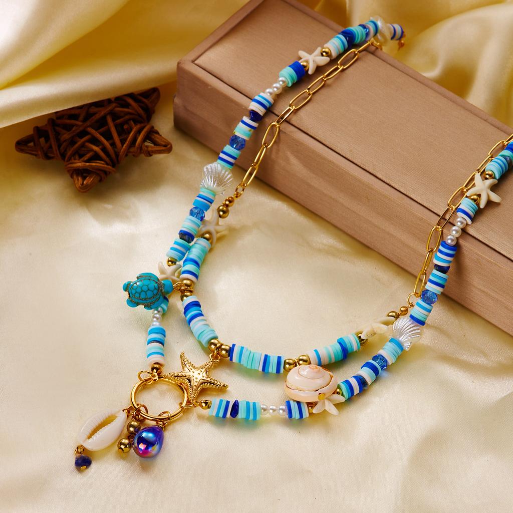 Bohemain Vintage Shell Starfish Turtle Multilayer Necklace for Women Ethnic Handmade Blue Beaded Necklaces Summer Beach Jewelry