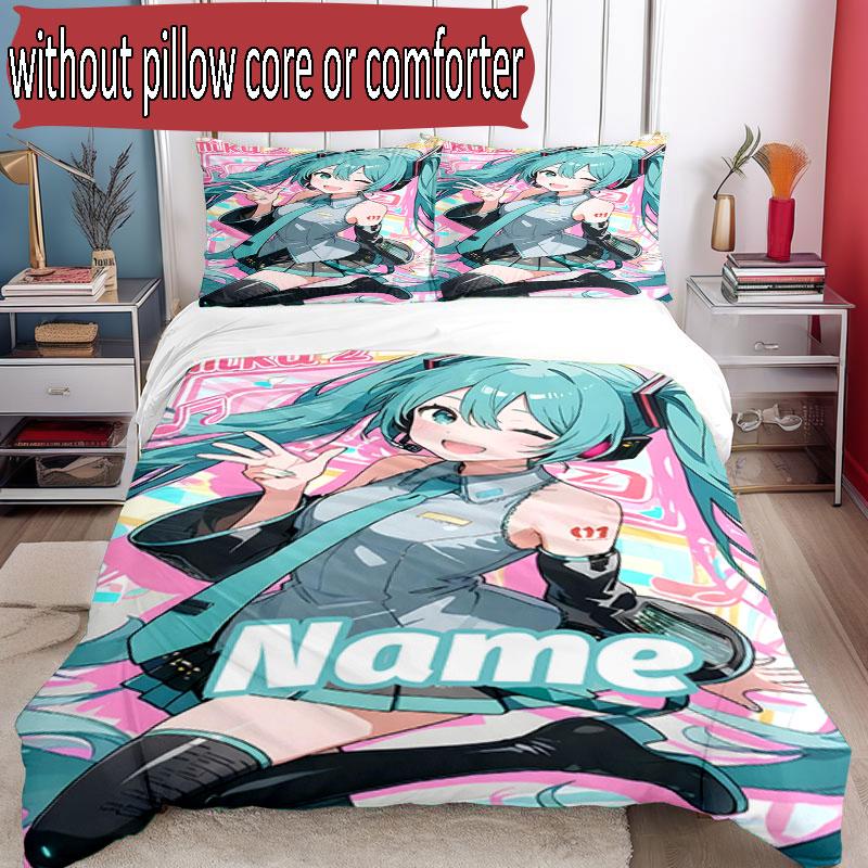 3pcs Duvet Cover Set (1*Duvet Cover + 2*Pillowcase, Without Core), Custom Name Hatsune Miku Pattern Bedding Set, Home Bedroom Decor Gift