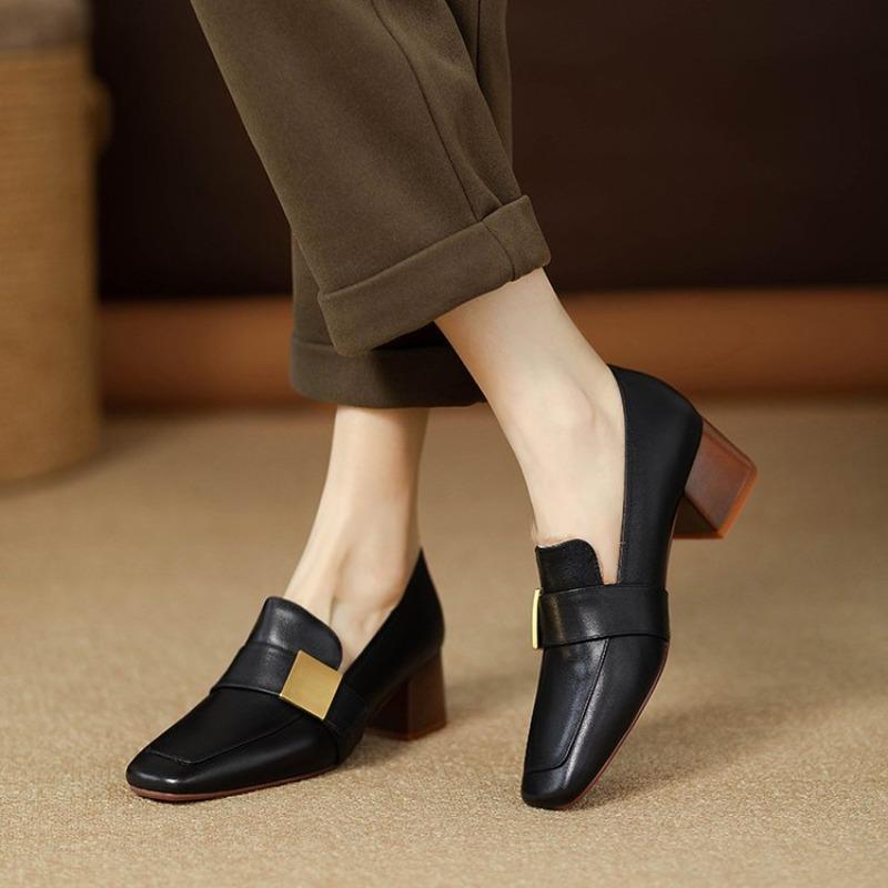 New Leather Women Fashion Pumps Square Toe Thick Heel Mary Jean Shoes Slip On Elegant Temperament Daily Shoes Handmade