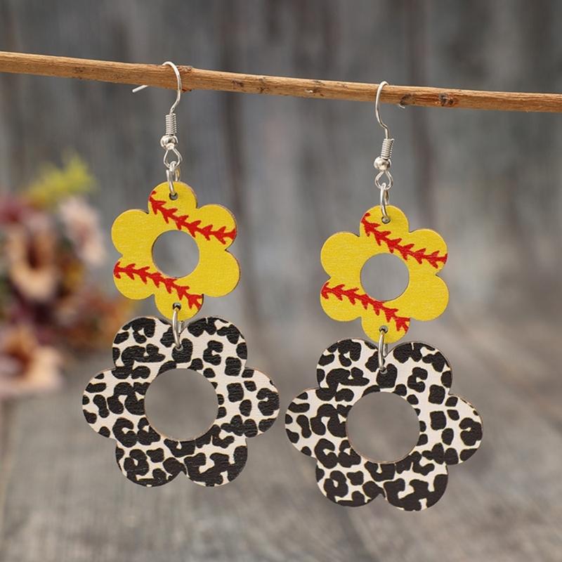 Retro Wood Earrings with Unique Hollow Flower and Cow Pattern Elegant Drop Ear Pendant for Stylish Ladies