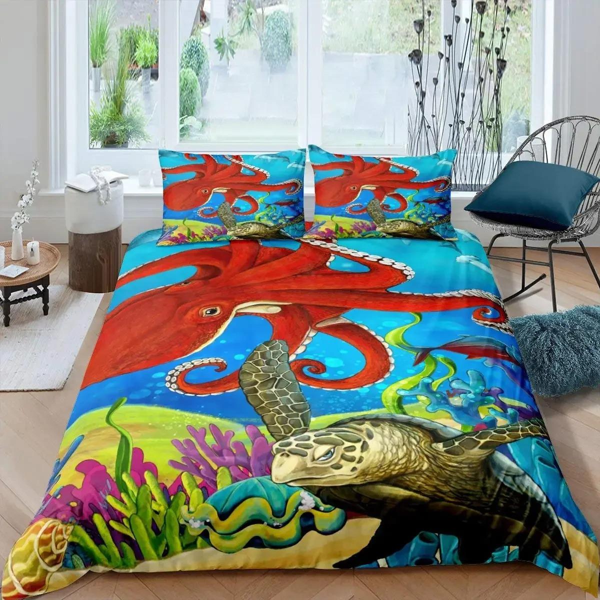 

Комплект постельного белья с изображением мультяшного осьминога размера King Queen, пододеяльник с изображением подводного мира океана, детский пододеяльник из полиэстера с изображением морских коралловых рыб EU Single 135x200cm