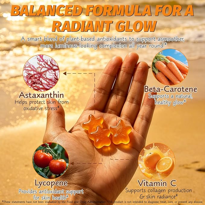 Sunless Tanning Gummies with Beta-Carotene, Lycopene & Astaxanthin - Antioxidant Blend for Fast Natural Looking Tan & Skin Hydration