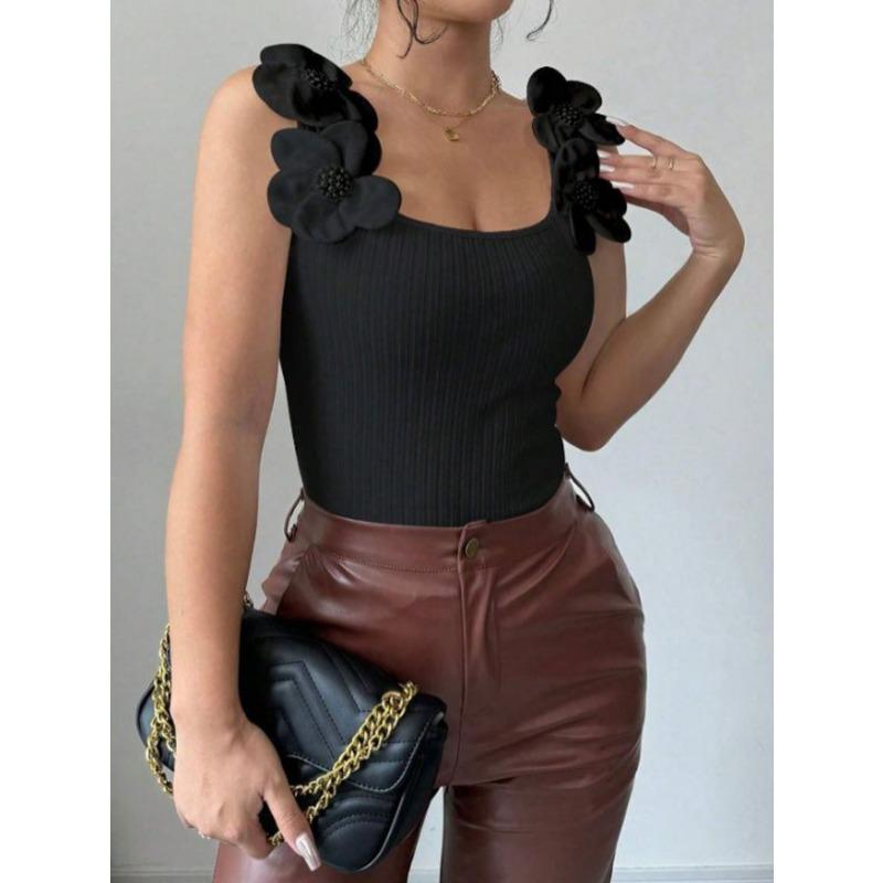 New 3D Floral Elegant Spring/summer Knitted Vest Solid Color Slim Fit Shirts Sweet Tank Tops Casual Simple Sleeveless Blouse