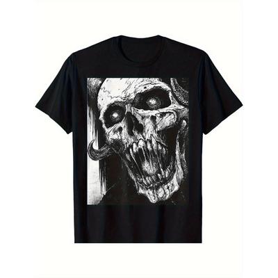 Europäische Größen Herren Gothic Horror Totenkopf Grafik T-Shirt - Schwarz mit dunklen leeren Augen & gezackten Zähnen - Heavy Metal Inspiriert Lässig Rund