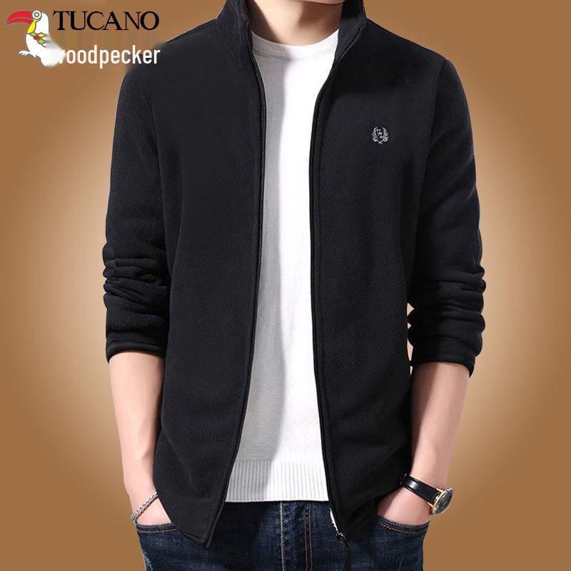 Men s Woodpecker Fleece Jacket, Autumn/Winter Style, Stand-up Collar, Thickened Fleece, Cotton T-shirt Outerwear. 2XL for 155-170 lbs